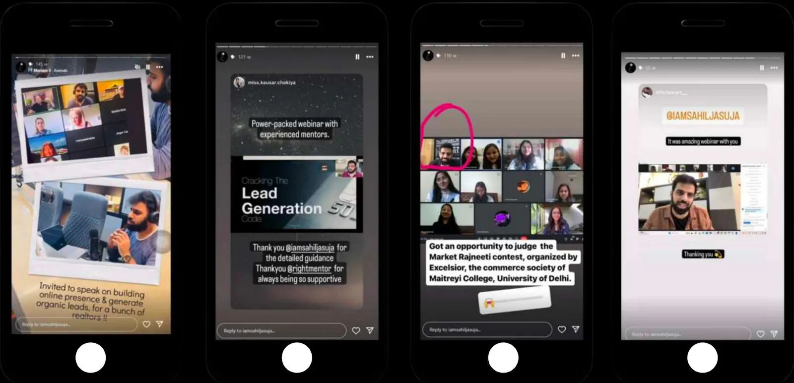 Instagram stories from Sahil Jasuja's webinars, talks and the Delhi University marketing contest he judged